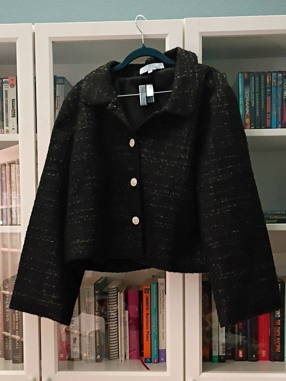 Hill House Black Textured Cropped Blazer with Decorative Buttons